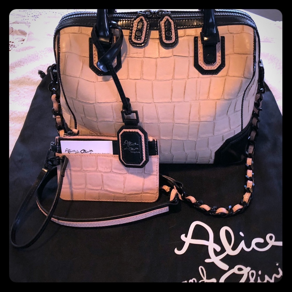 Alice+Olivia Embossed Pink And Black Leather Bag